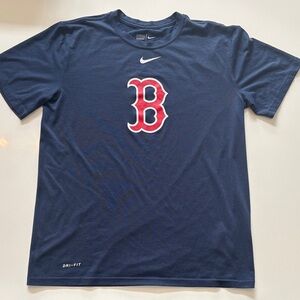 Nike Navy Tee with Red and White Boston 'B' Logo. Size M